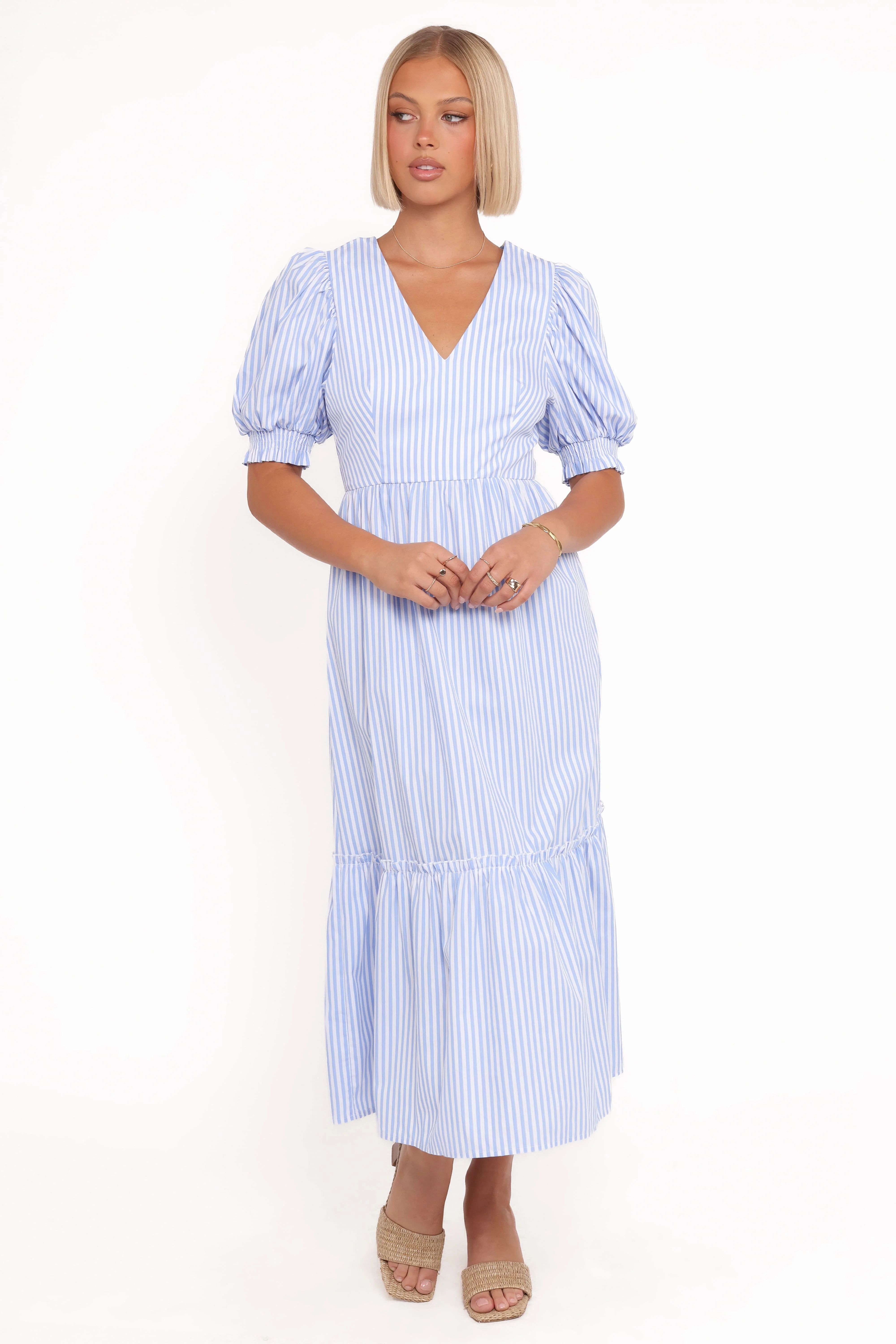 Steele Puff Sleeve Midi Dress - Blue Stripe - Image 7