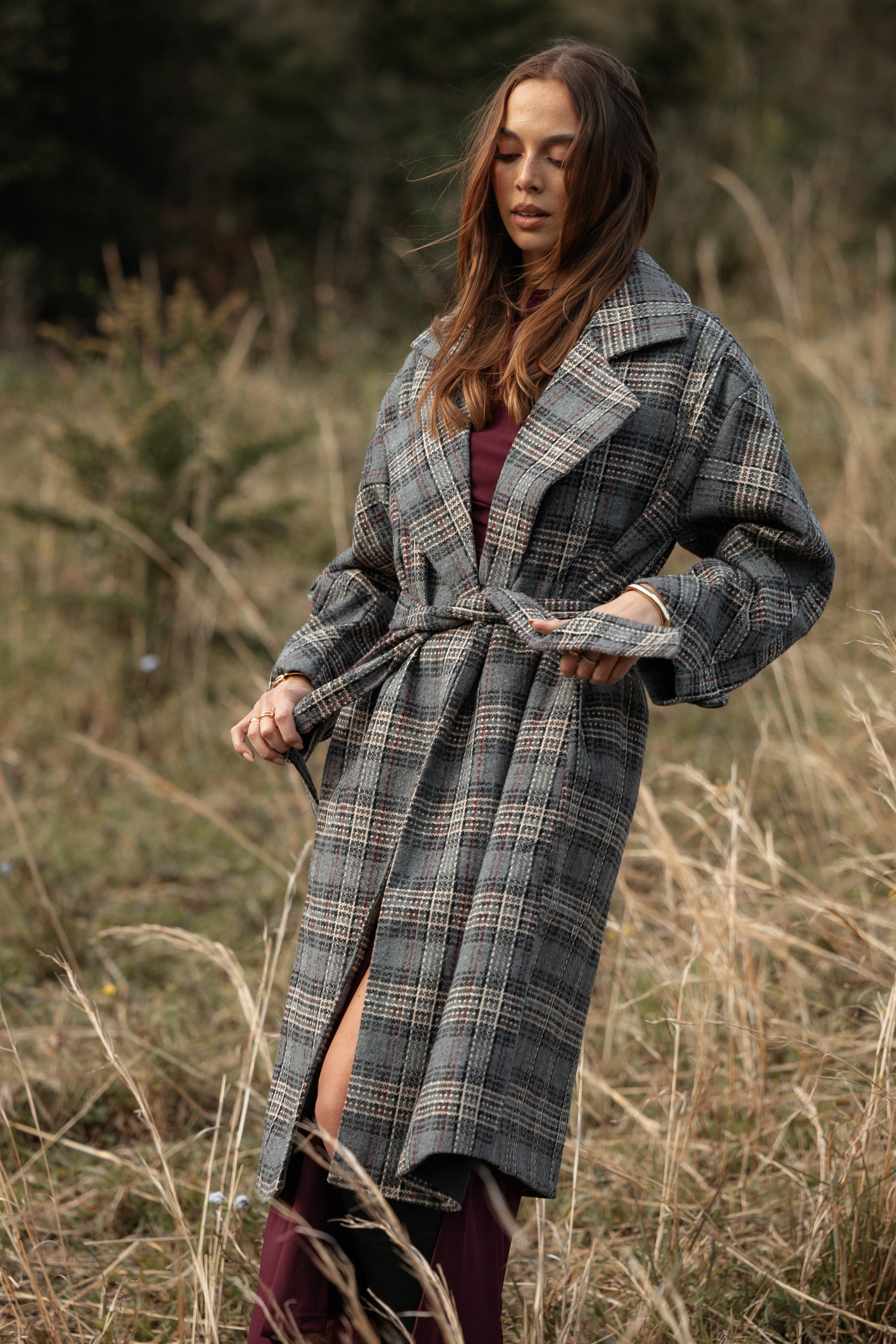 Torie Waist Tie Long Coat - Grey Check - Image 3