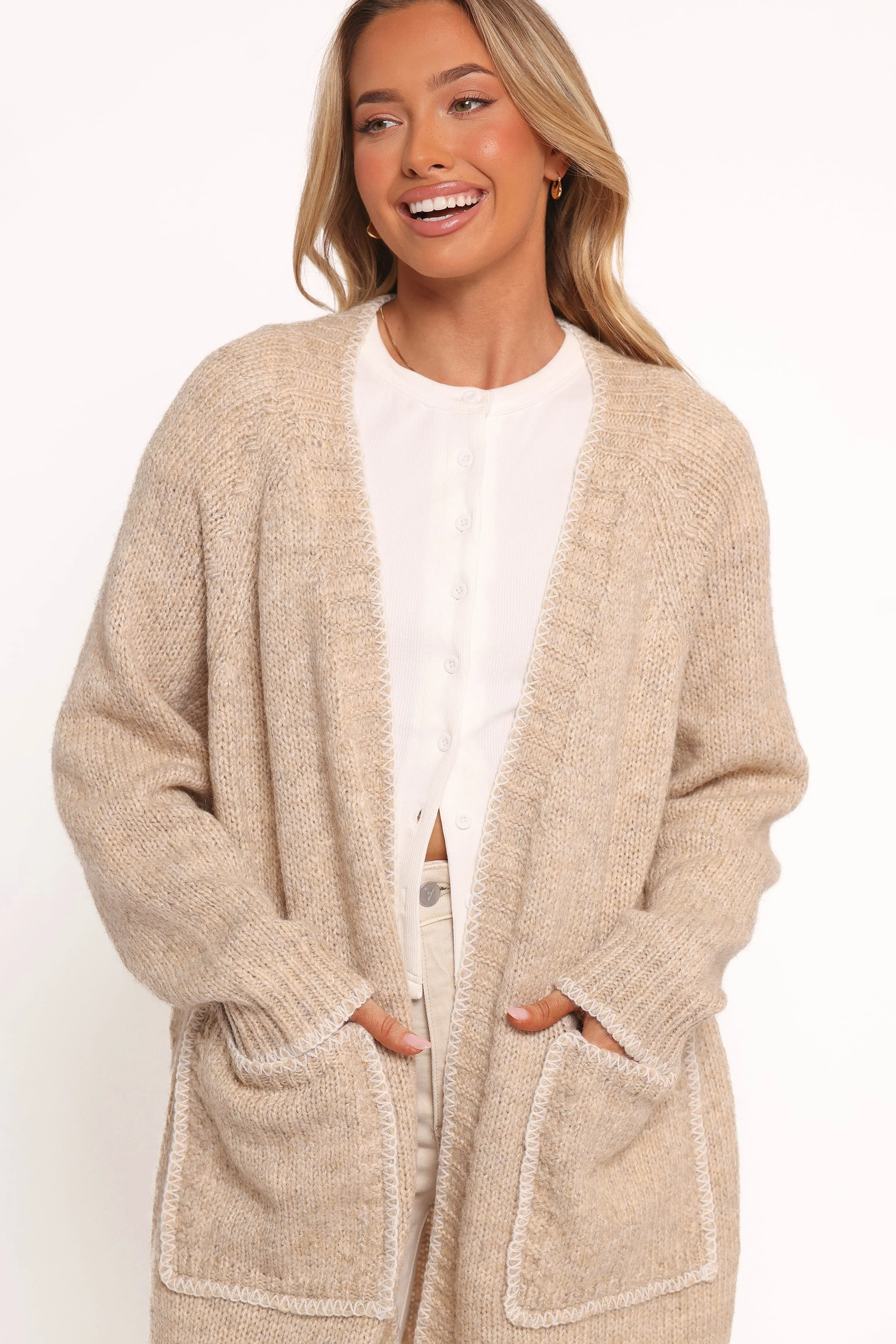Trinette Contrast Pocket Cardigan - Tan - Image 2