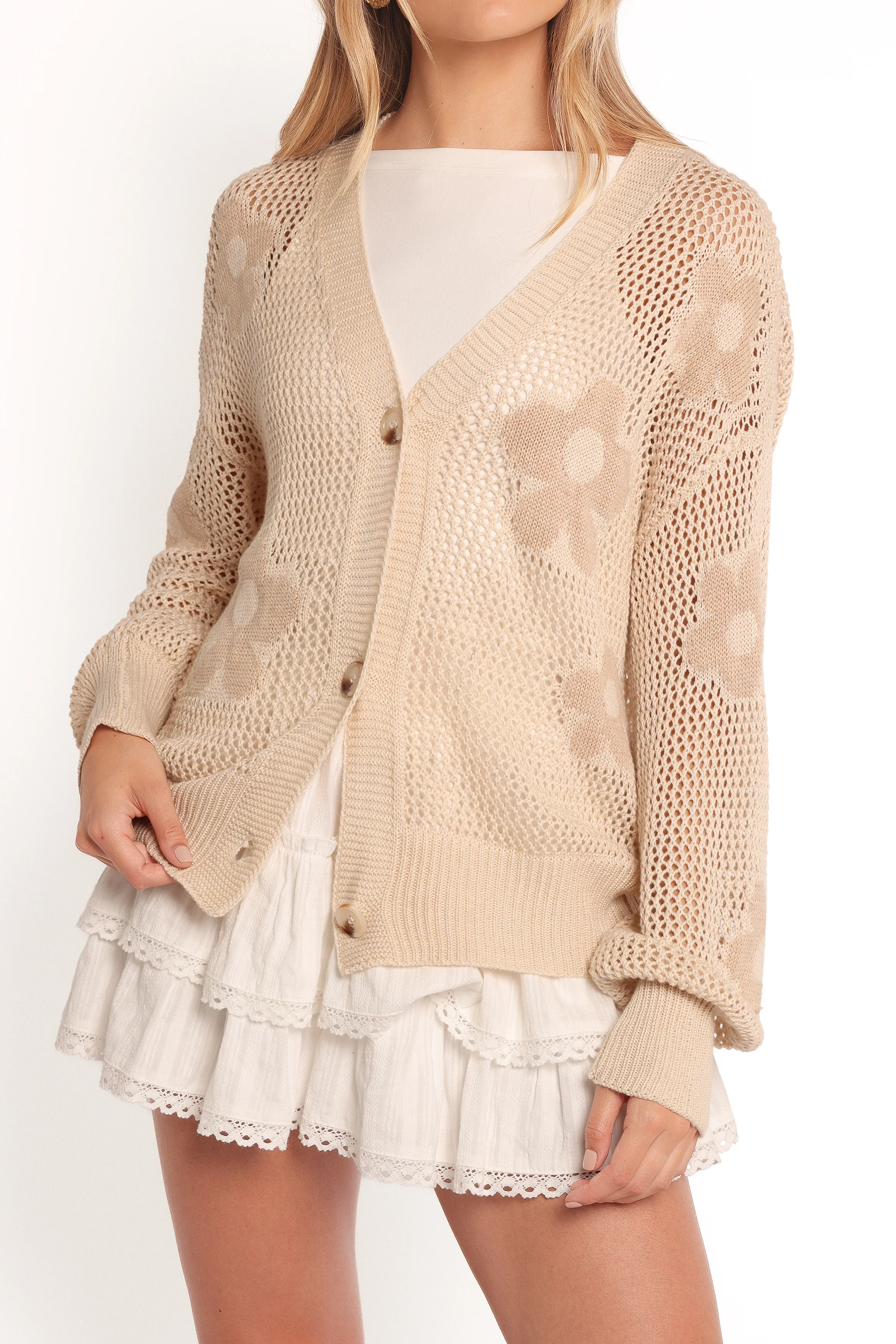 Winslow Open Knit Flower Cardigan - Tan - Image 7