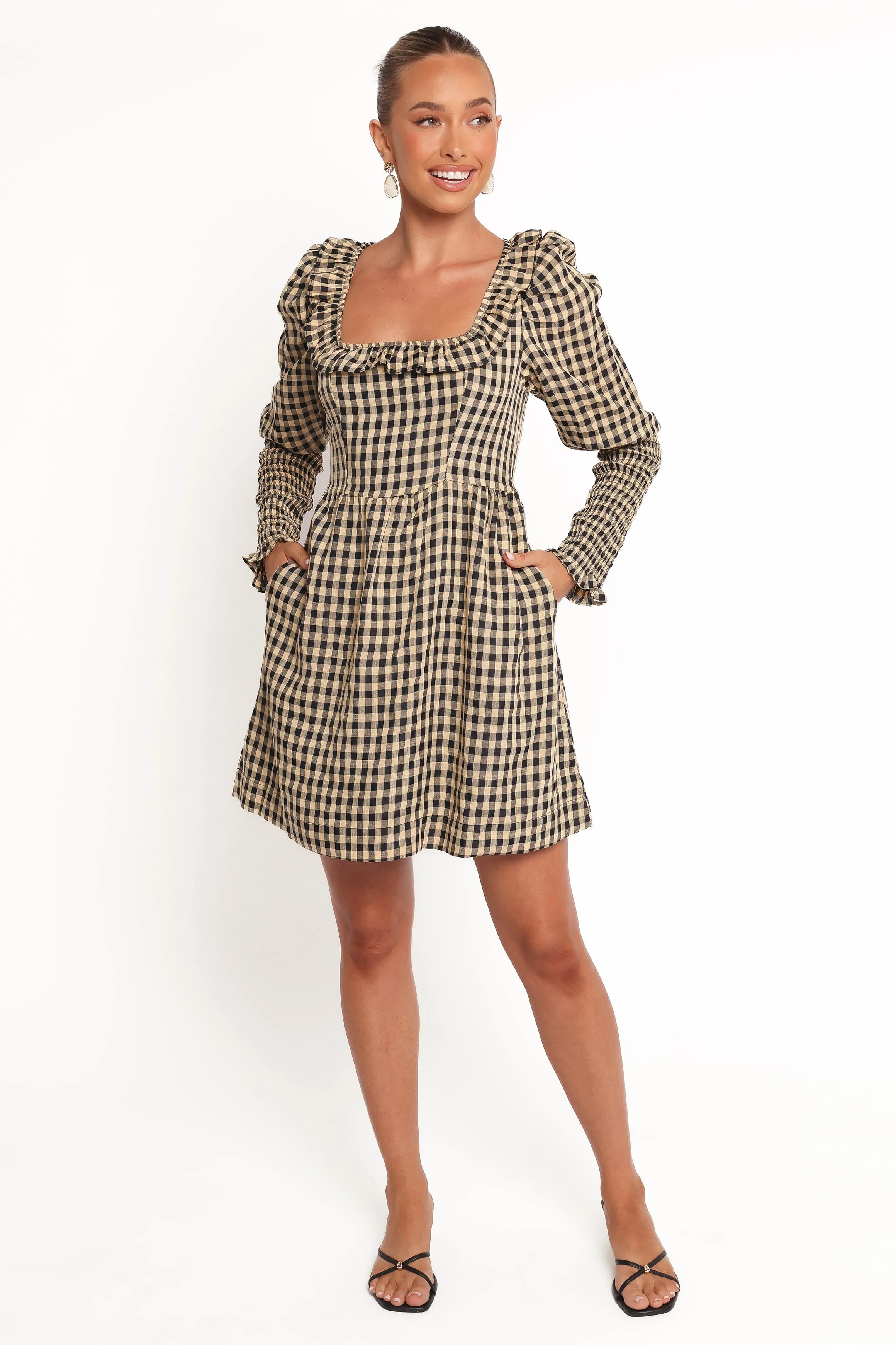 Xenia Mini Dress - Black/Beige Gingham - Image 2