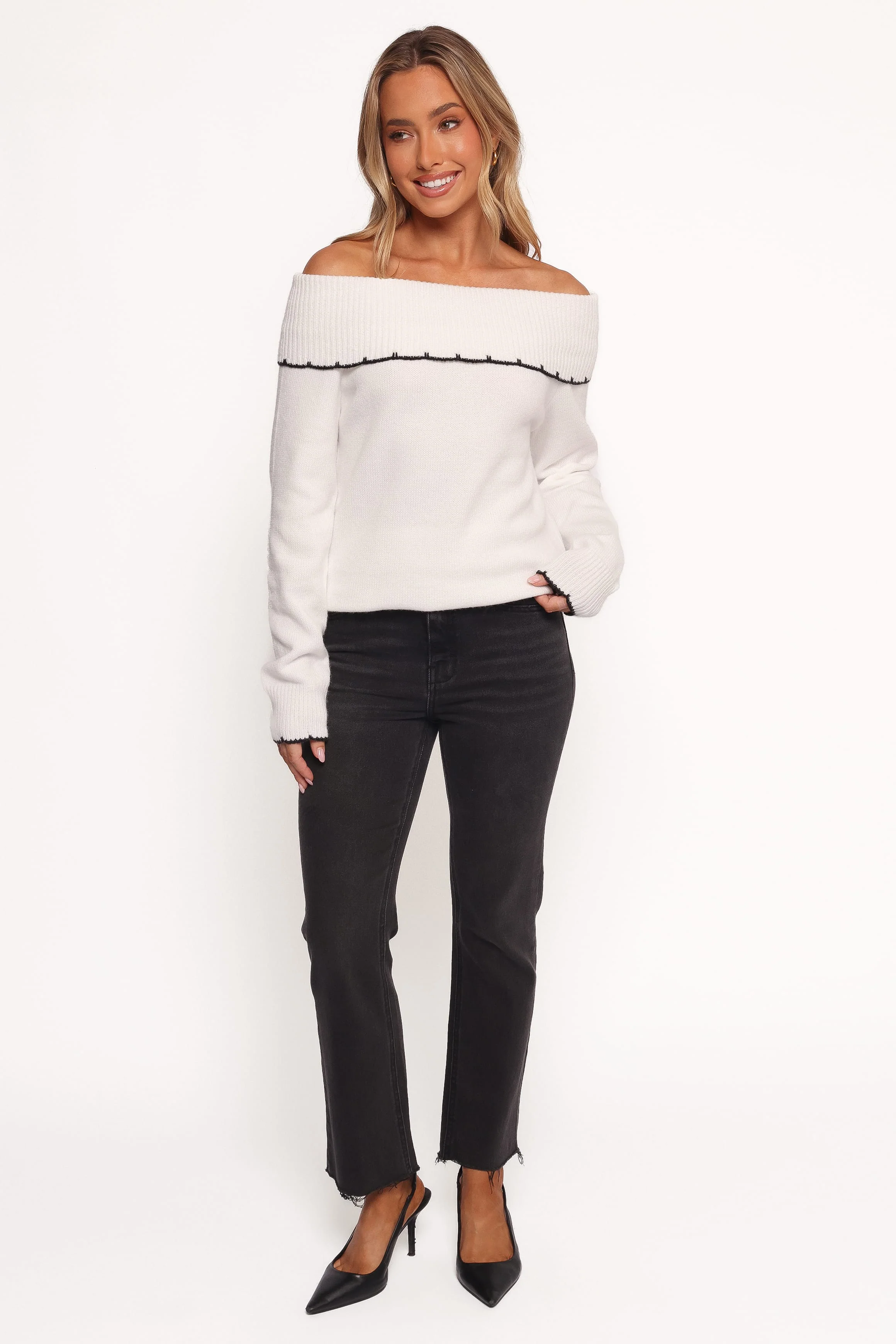 Yoana Off Shoulder Knit Sweater - White - Image 2
