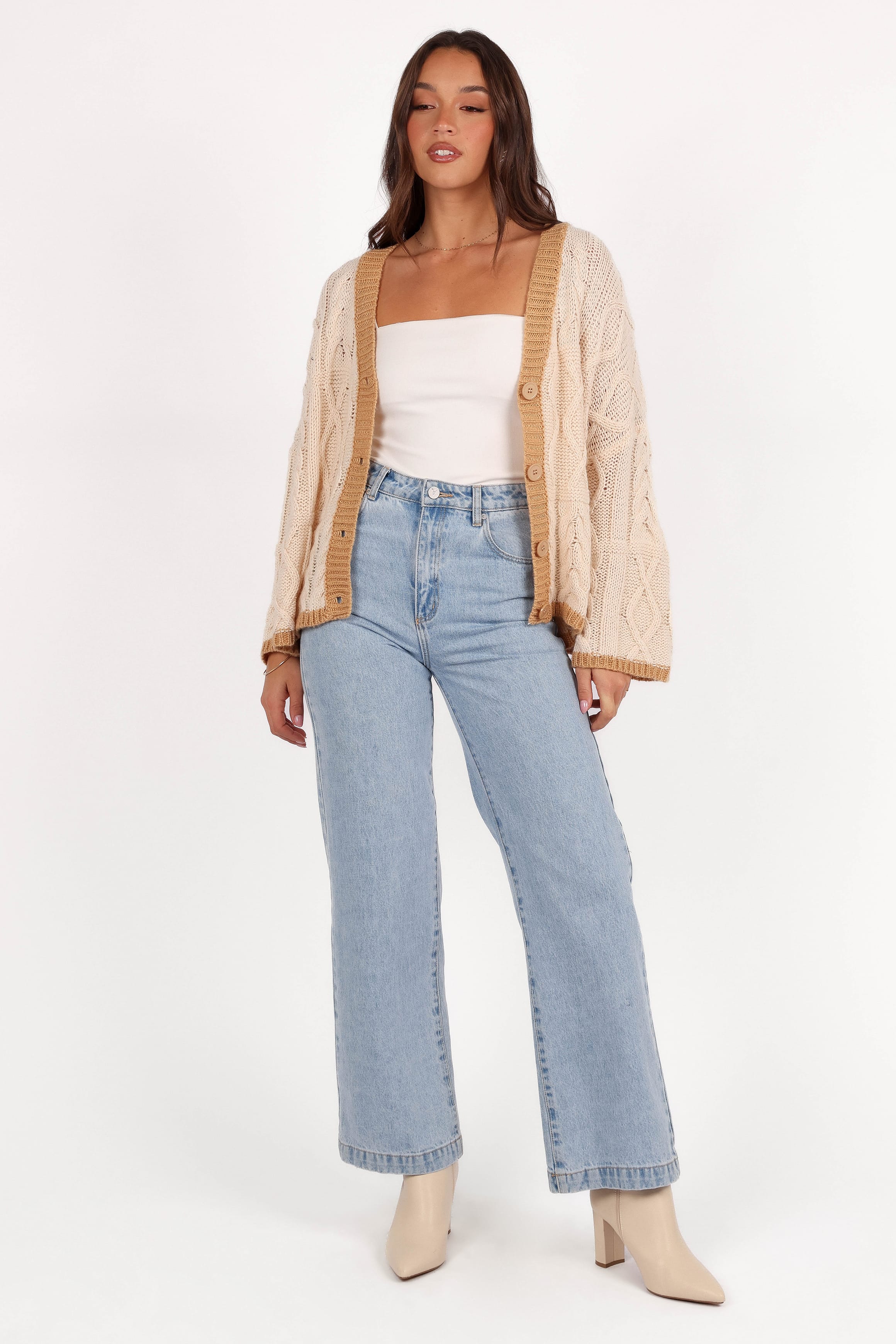 Zina Contrast Cardigan - Tan - Image 2