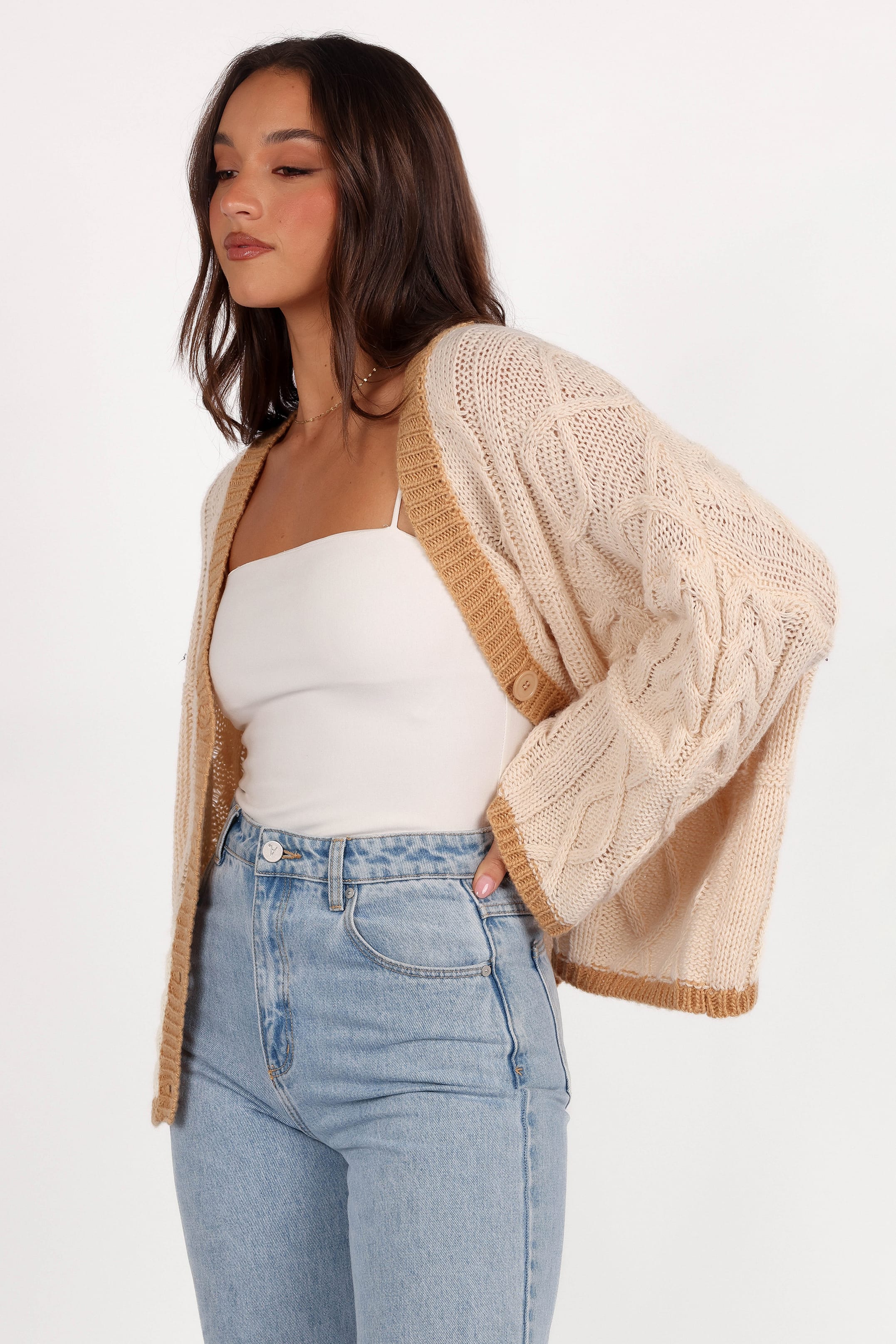 Zina Contrast Cardigan - Tan - Image 3