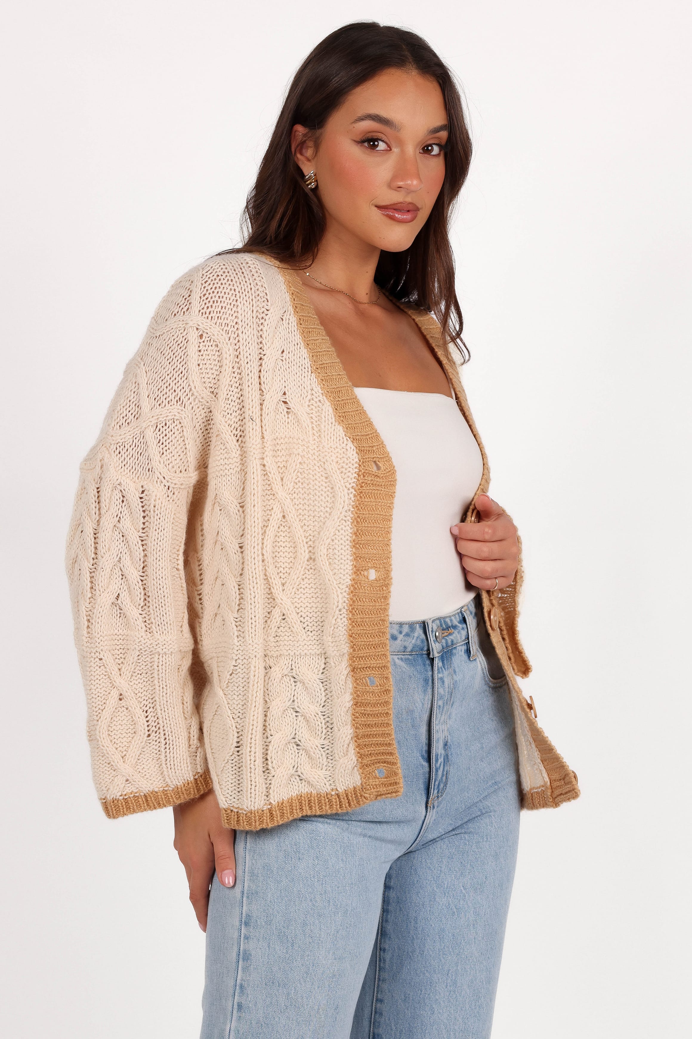 Zina Contrast Cardigan - Tan - Image 5